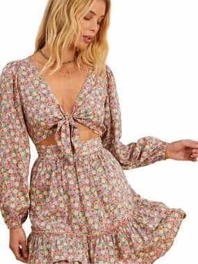 Billabong x The Salty Blonde Floral Tie-Front Long Sleeve Mini Dress
